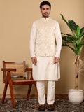 MULTI SHADES Men's Full Sleeve Ivory Kurta Pyjama & Cream Embroidered Nehru Jacket | Grocsy