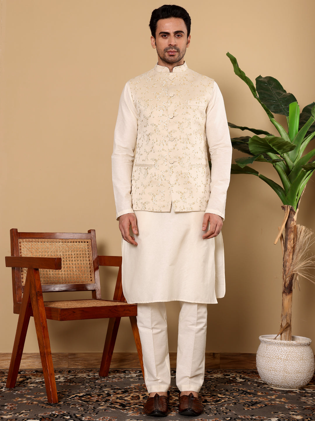 MULTI SHADES Men's Full Sleeve Ivory Kurta Pyjama & Cream Embroidered Nehru Jacket | Grocsy