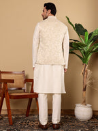 MULTI SHADES Men's Full Sleeve Ivory Kurta Pyjama & Cream Embroidered Nehru Jacket | Grocsy