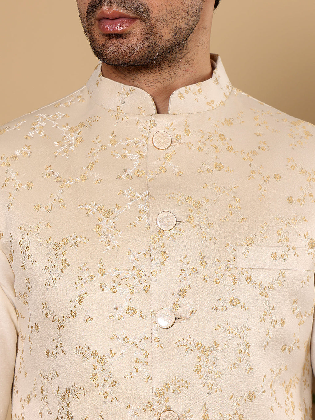 MULTI SHADES Men's Full Sleeve Ivory Kurta Pyjama & Cream Embroidered Nehru Jacket | Grocsy