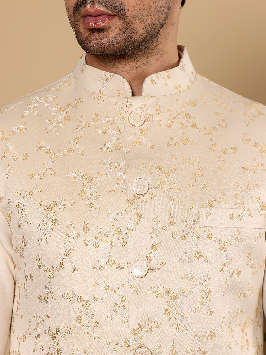 MULTI SHADES Men's Full Sleeve Ivory Kurta Pyjama & Cream Embroidered Nehru Jacket | Grocsy