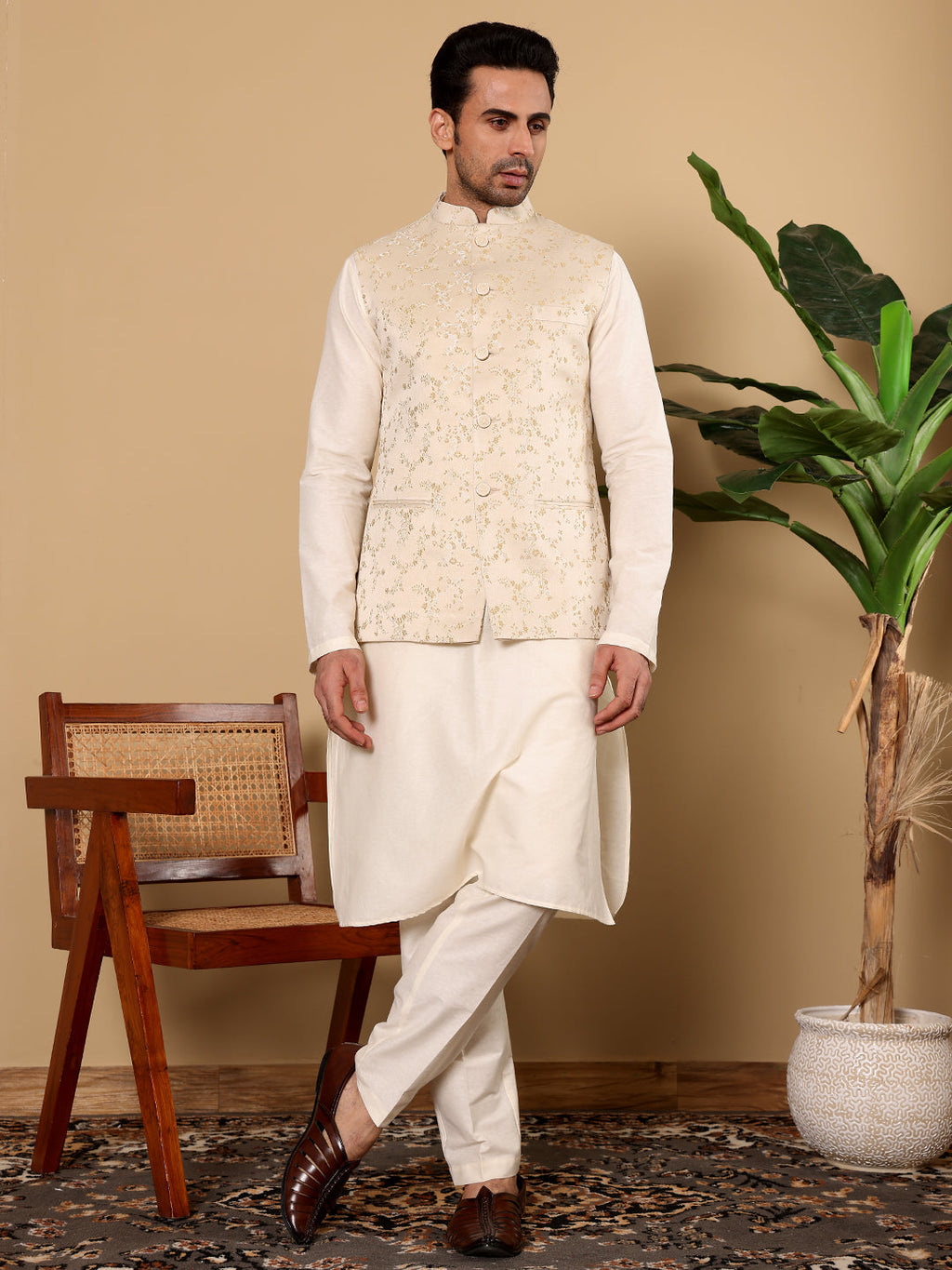 MULTI SHADES Men's Full Sleeve Ivory Kurta Pyjama & Cream Embroidered Nehru Jacket | Grocsy