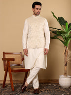 MULTI SHADES Men's Full Sleeve Ivory Kurta Pyjama & Cream Embroidered Nehru Jacket | Grocsy