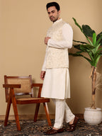 MULTI SHADES Men's Full Sleeve Ivory Kurta Pyjama & Cream Embroidered Nehru Jacket | Grocsy