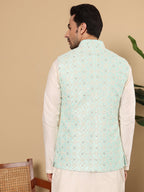 MULTI SHADES Men's Full Sleeve Ivory Kurta Pyjama & Green Embroidered Nehru Jacket | Grocsy