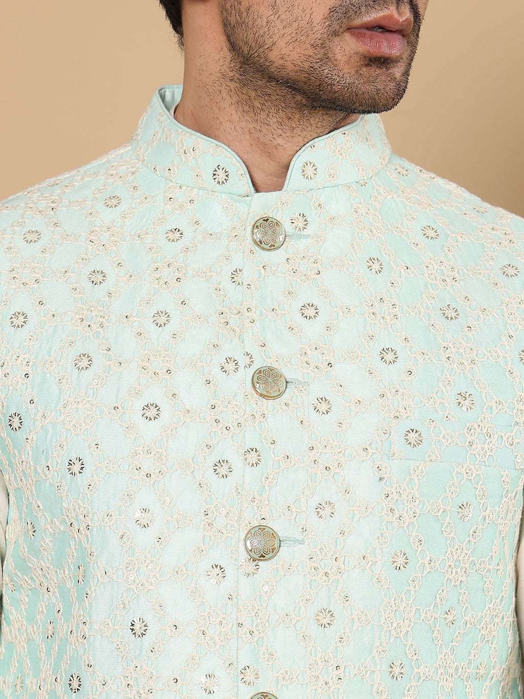 MULTI SHADES Men's Full Sleeve Ivory Kurta Pyjama & Green Embroidered Nehru Jacket | Grocsy