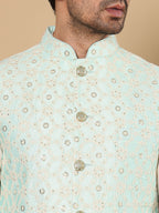 MULTI SHADES Men's Full Sleeve Ivory Kurta Pyjama & Green Embroidered Nehru Jacket | Grocsy