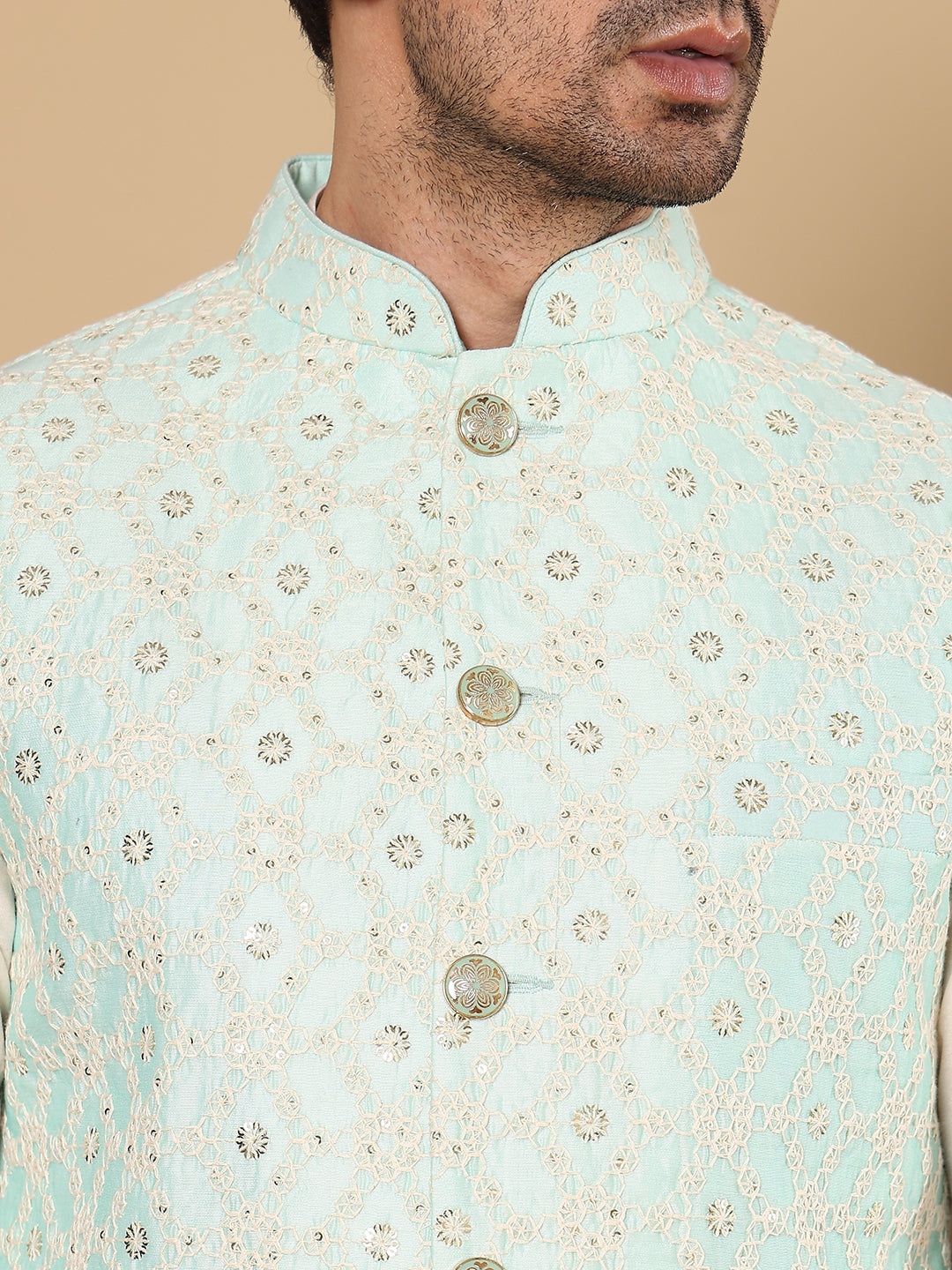 MULTI SHADES Men's Full Sleeve Ivory Kurta Pyjama & Green Embroidered Nehru Jacket | Grocsy