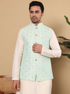 MULTI SHADES Men's Full Sleeve Ivory Kurta Pyjama & Green Embroidered Nehru Jacket | Grocsy