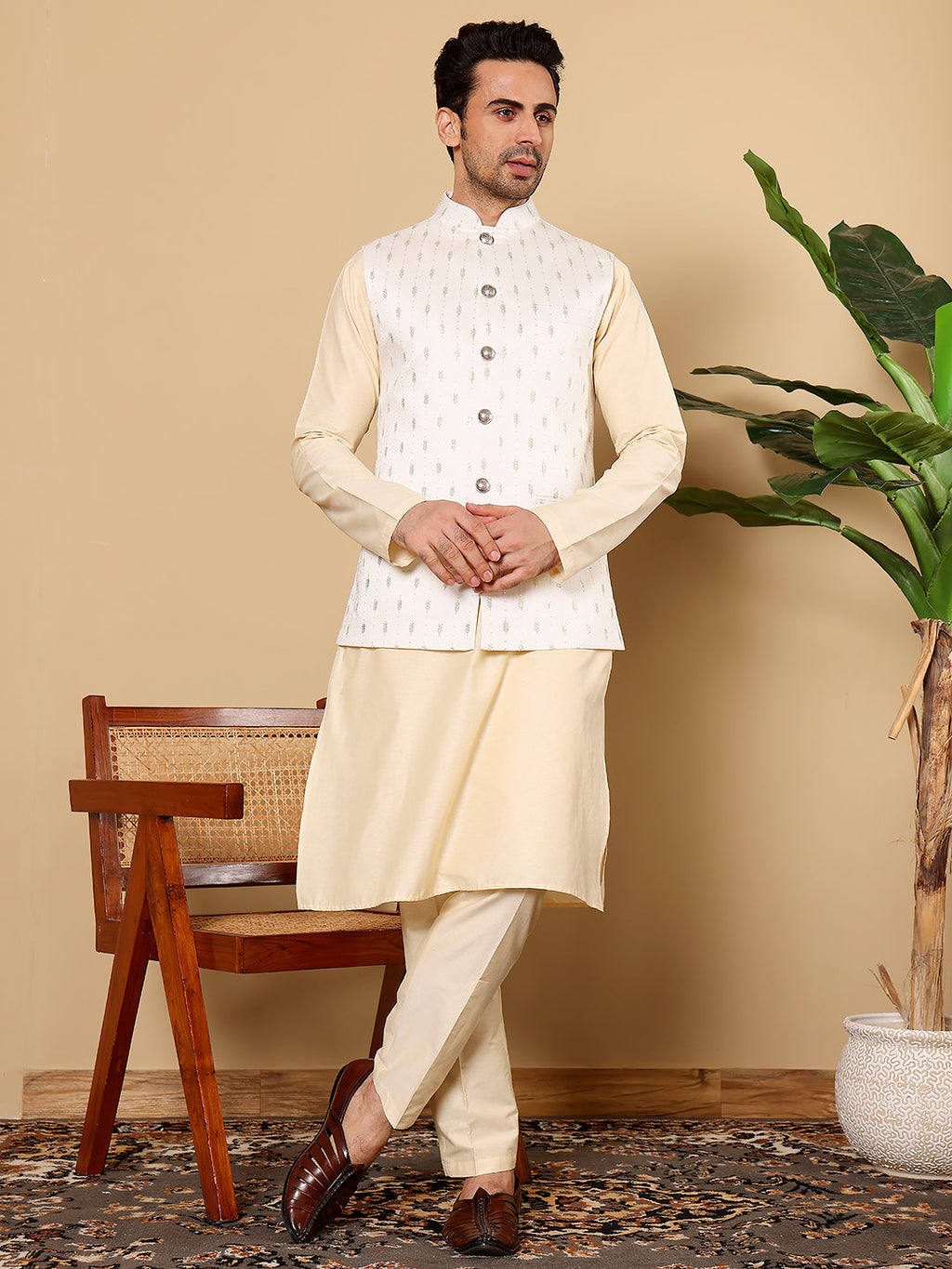 MULTI SHADES Men's Full Sleeve Cream Kurta Pyjama & White Embroidered Nehru Jacket | Grocsy