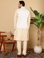 MULTI SHADES Men's Full Sleeve Cream Kurta Pyjama & White Embroidered Nehru Jacket | Grocsy