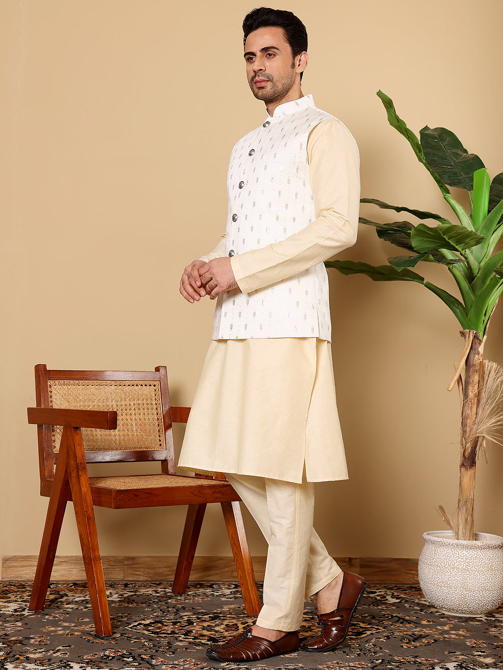 MULTI SHADES Men's Full Sleeve Cream Kurta Pyjama & White Embroidered Nehru Jacket | Grocsy