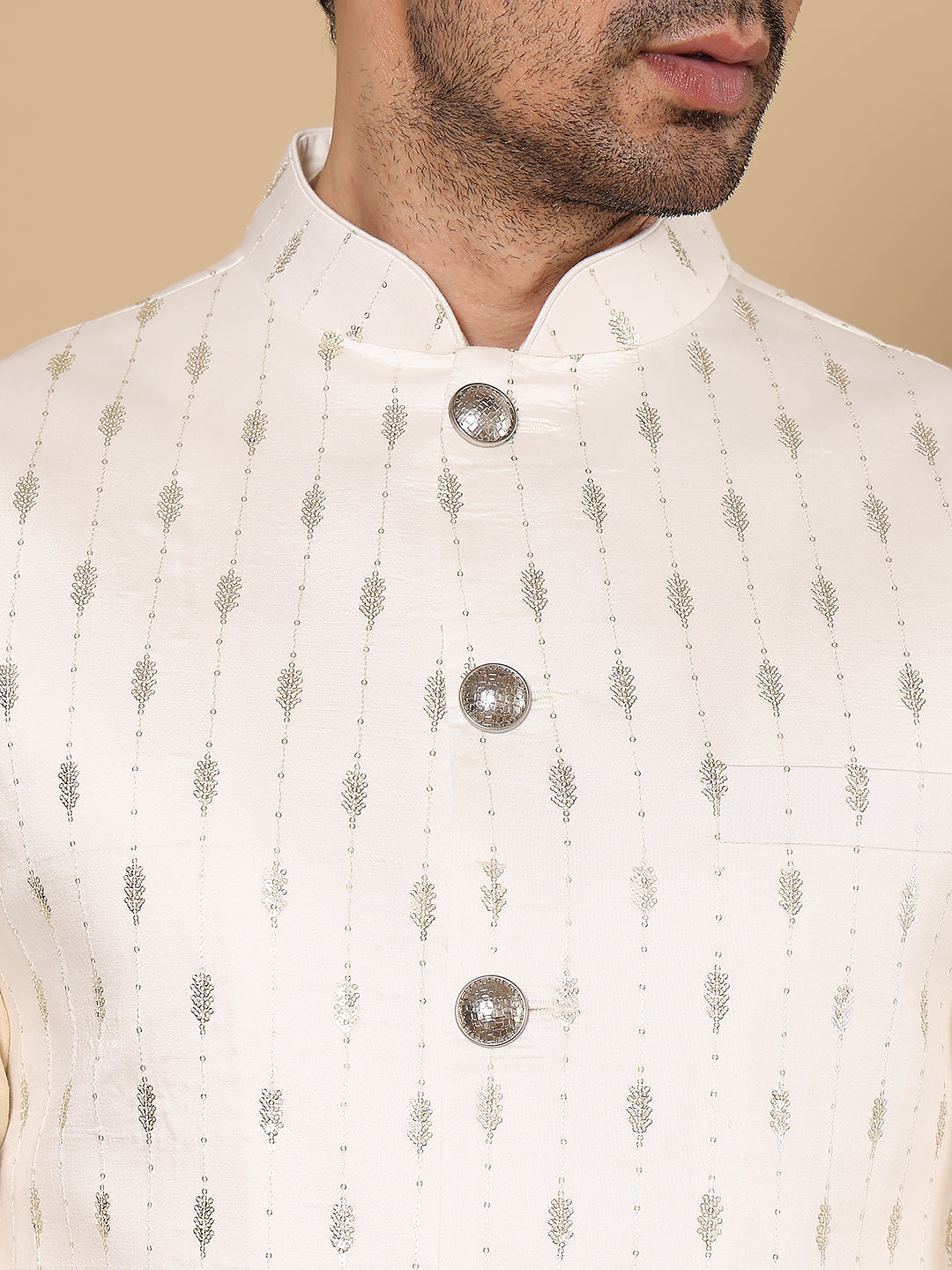MULTI SHADES Men's Full Sleeve Cream Kurta Pyjama & White Embroidered Nehru Jacket | Grocsy