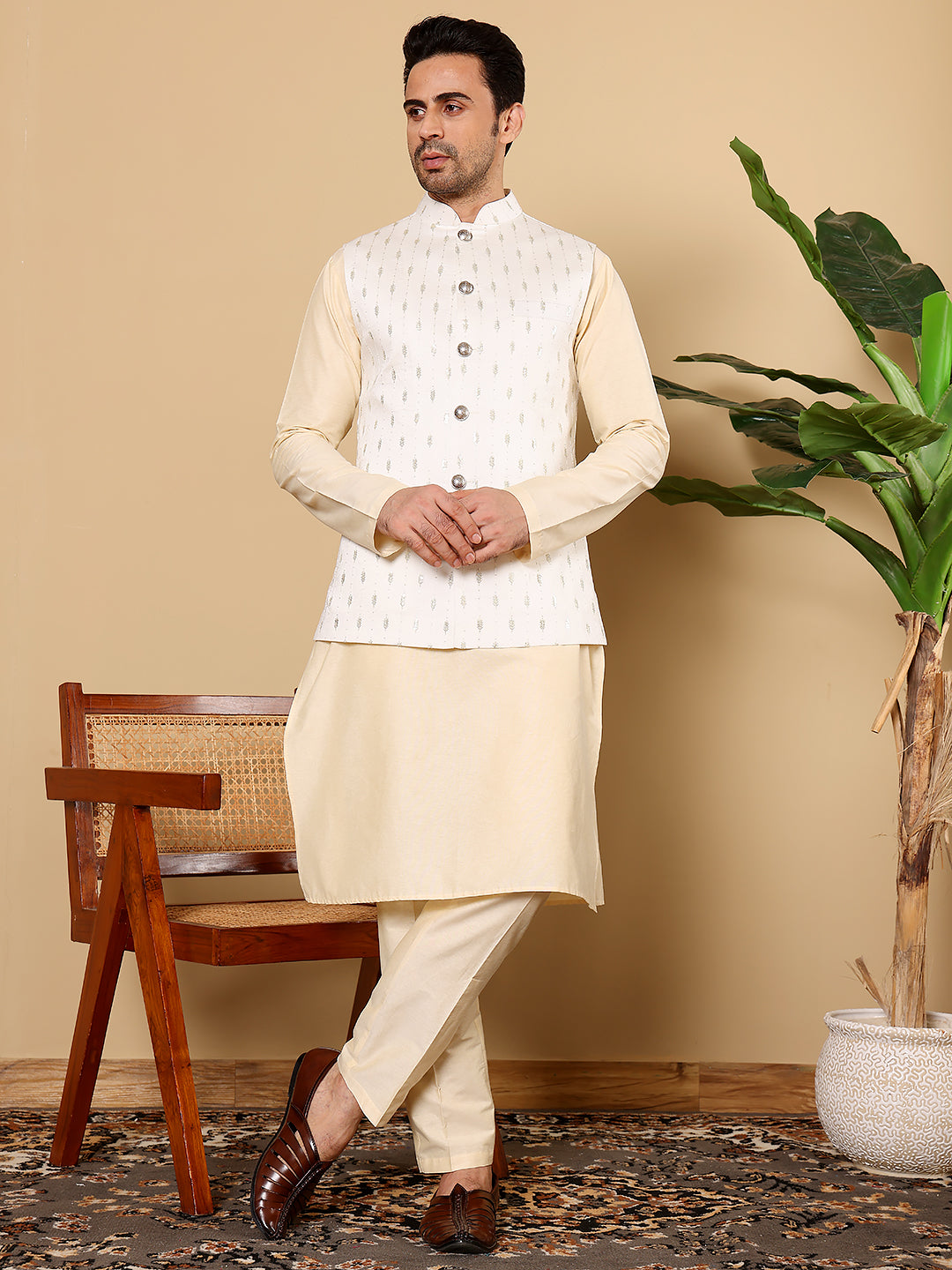 MULTI SHADES Men's Full Sleeve Cream Kurta Pyjama & White Embroidered Nehru Jacket | Grocsy