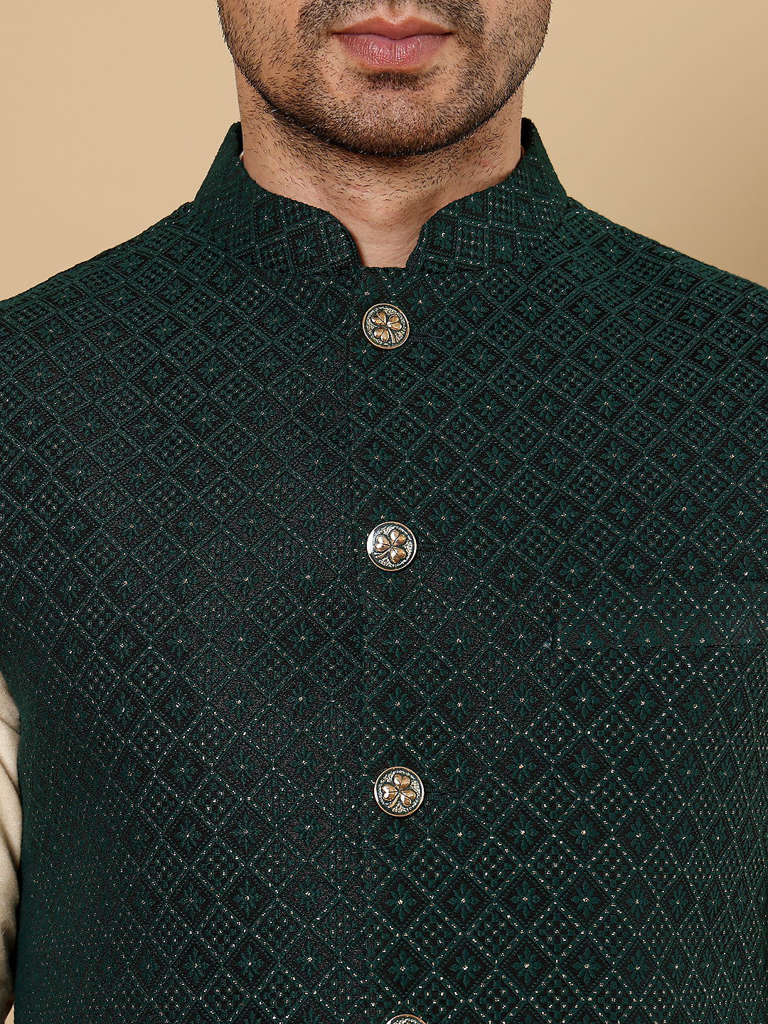 MULTI SHADES Men's Full Sleeve Cream Kurta Pyjama & Dark Green Embroidered Nehru Jacket | Grocsy
