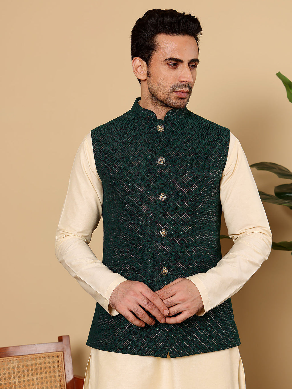 MULTI SHADES Men's Full Sleeve Cream Kurta Pyjama & Dark Green Embroidered Nehru Jacket | Grocsy