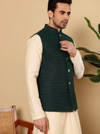 MULTI SHADES Men's Full Sleeve Cream Kurta Pyjama & Dark Green Embroidered Nehru Jacket | Grocsy
