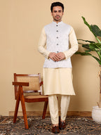 MULTI SHADES Men's Full Sleeve Cream Kurta Pyjama & Light Blue Embroidered Nehru Jacket | Grocsy