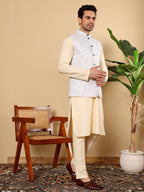 MULTI SHADES Men's Full Sleeve Cream Kurta Pyjama & Light Blue Embroidered Nehru Jacket | Grocsy