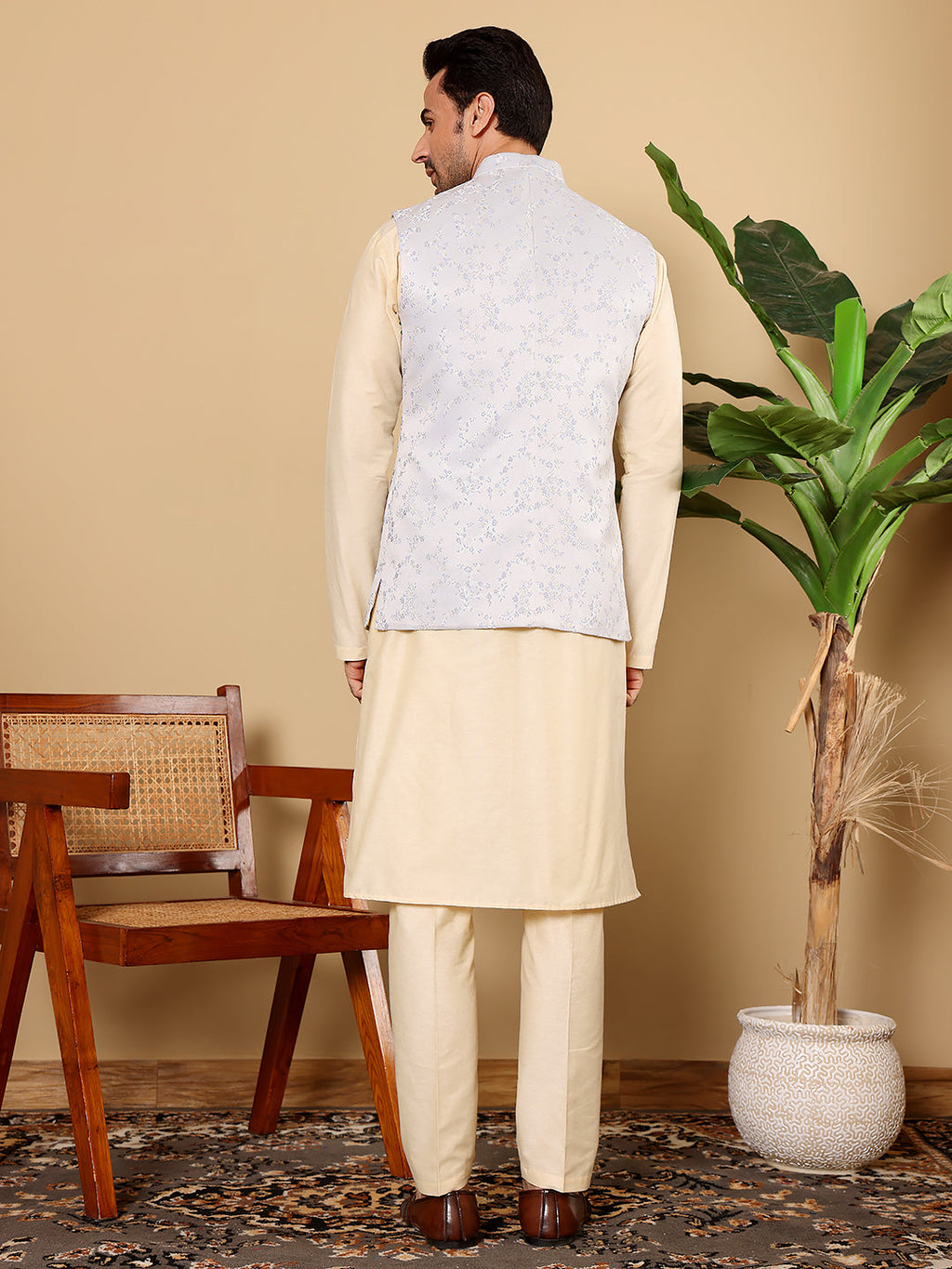 MULTI SHADES Men's Full Sleeve Cream Kurta Pyjama & Light Blue Embroidered Nehru Jacket | Grocsy