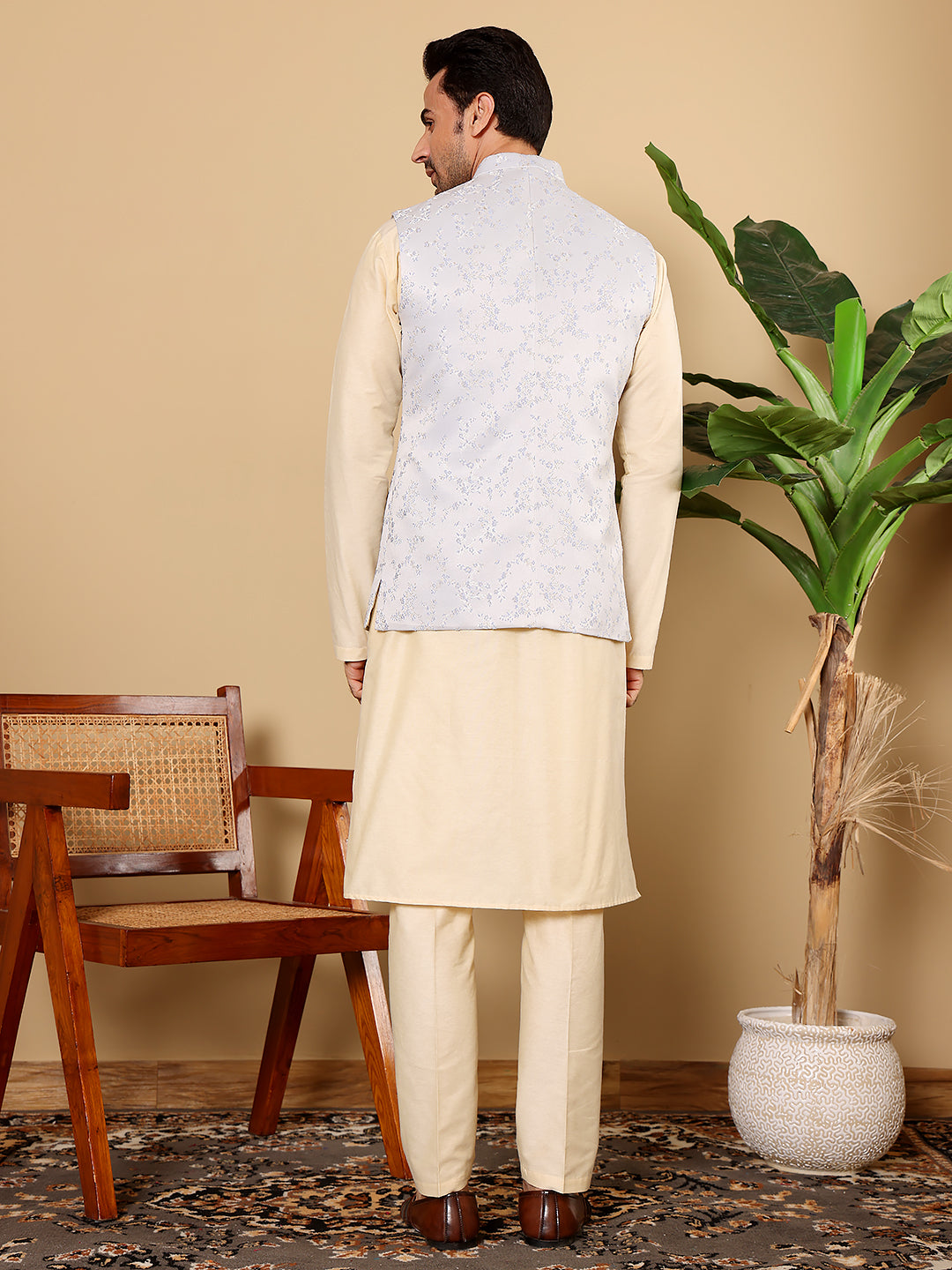 MULTI SHADES Men's Full Sleeve Cream Kurta Pyjama & Light Blue Embroidered Nehru Jacket | Grocsy