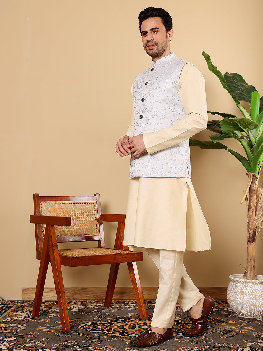 MULTI SHADES Men's Full Sleeve Cream Kurta Pyjama & Light Blue Embroidered Nehru Jacket | Grocsy