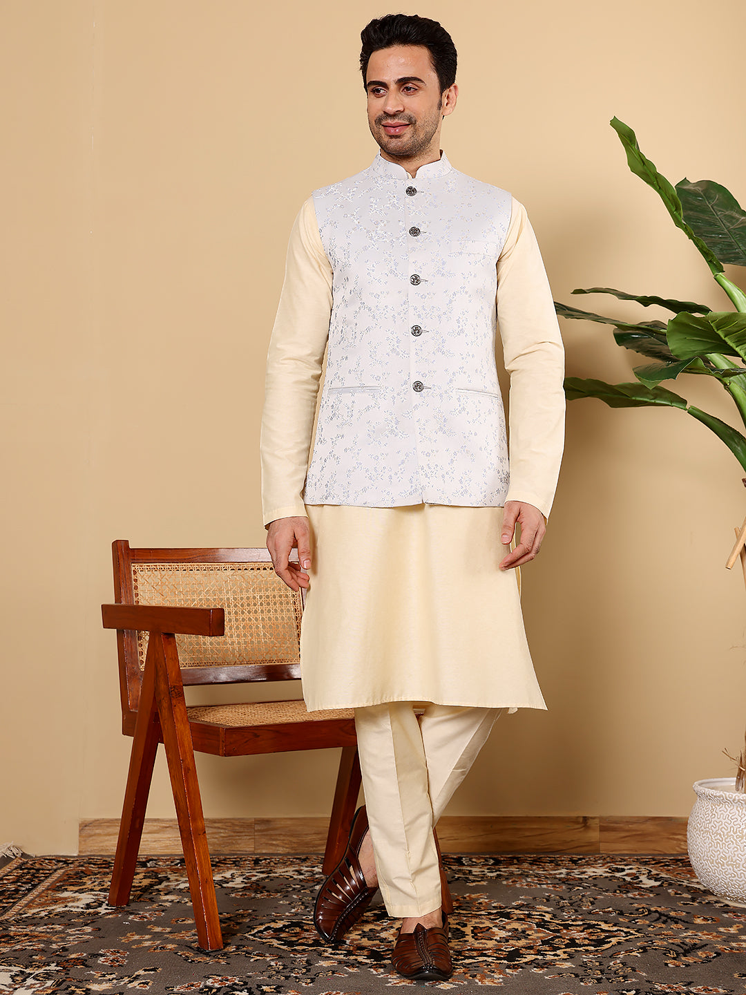 MULTI SHADES Men's Full Sleeve Cream Kurta Pyjama & Light Blue Embroidered Nehru Jacket | Grocsy