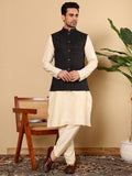 MULTI SHADES Men's Full Sleeve Cream Kurta Pyjama & Black Embroidered Nehru Jacket | Grocsy