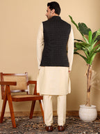 MULTI SHADES Men's Full Sleeve Cream Kurta Pyjama & Black Embroidered Nehru Jacket | Grocsy
