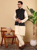 MULTI SHADES Men's Full Sleeve Cream Kurta Pyjama & Black Embroidered Nehru Jacket | Grocsy