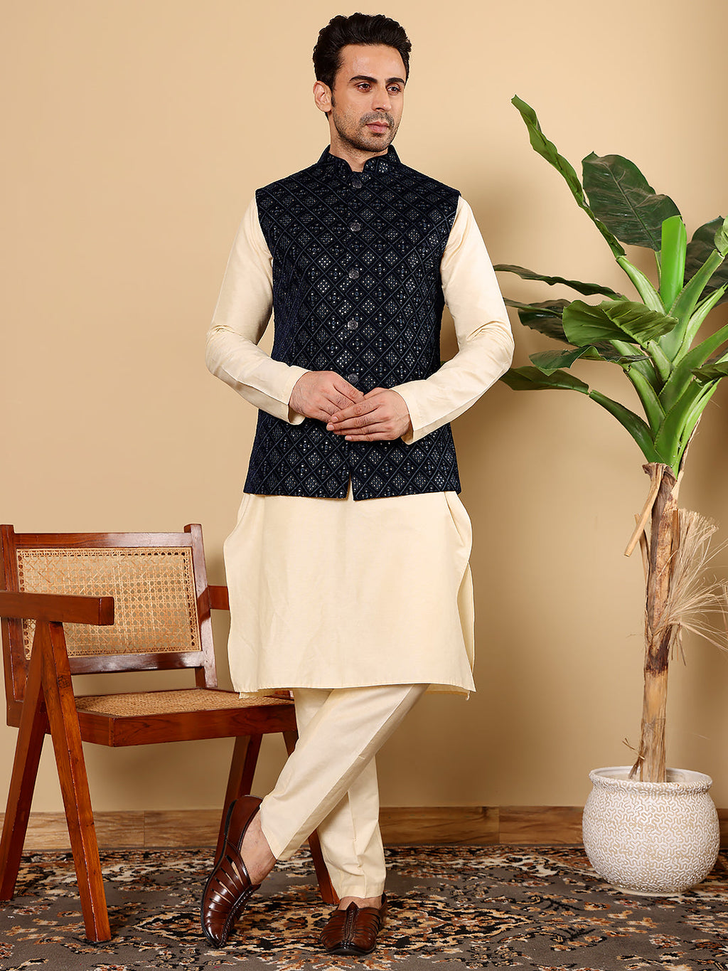 MULTI SHADES Men's Full Sleeve Cream Kurta Pyjama & Black Embroidered Nehru Jacket | Grocsy