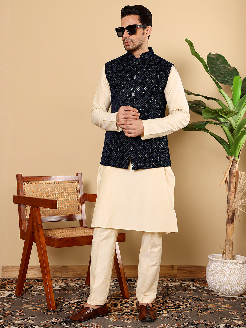 MULTI SHADES Men's Full Sleeve Cream Kurta Pyjama & Black Embroidered Nehru Jacket | Grocsy