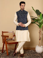 MULTI SHADES Men's Full Sleeve Cream Kurta Pyjama & Blue Embroidered Nehru Jacket | Grocsy