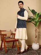 MULTI SHADES Men's Full Sleeve Cream Kurta Pyjama & Blue Embroidered Nehru Jacket | Grocsy