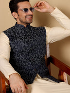 MULTI SHADES Men's Full Sleeve Cream Kurta Pyjama & Blue Embroidered Nehru Jacket | Grocsy