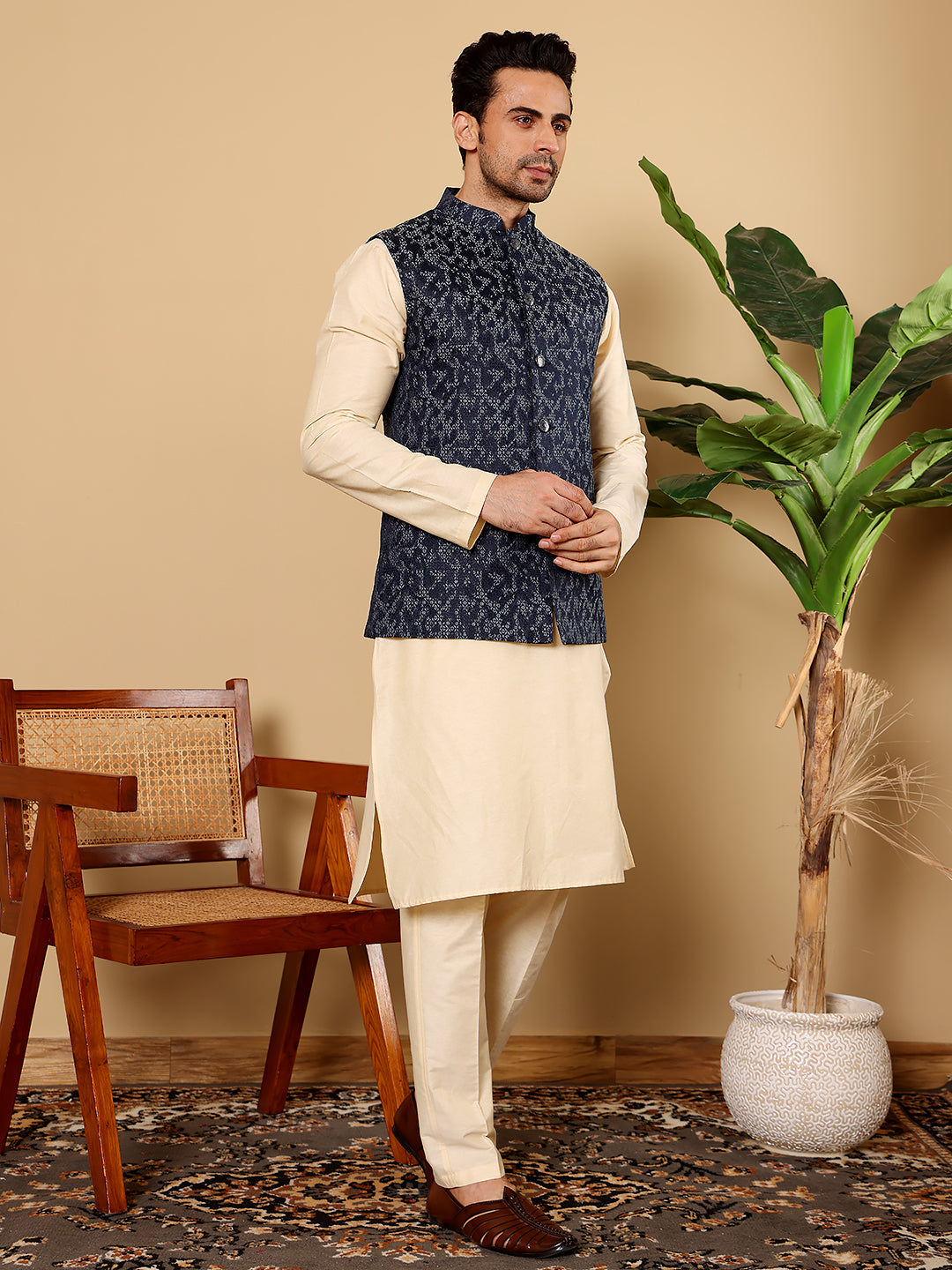MULTI SHADES Men's Full Sleeve Cream Kurta Pyjama & Blue Embroidered Nehru Jacket | Grocsy