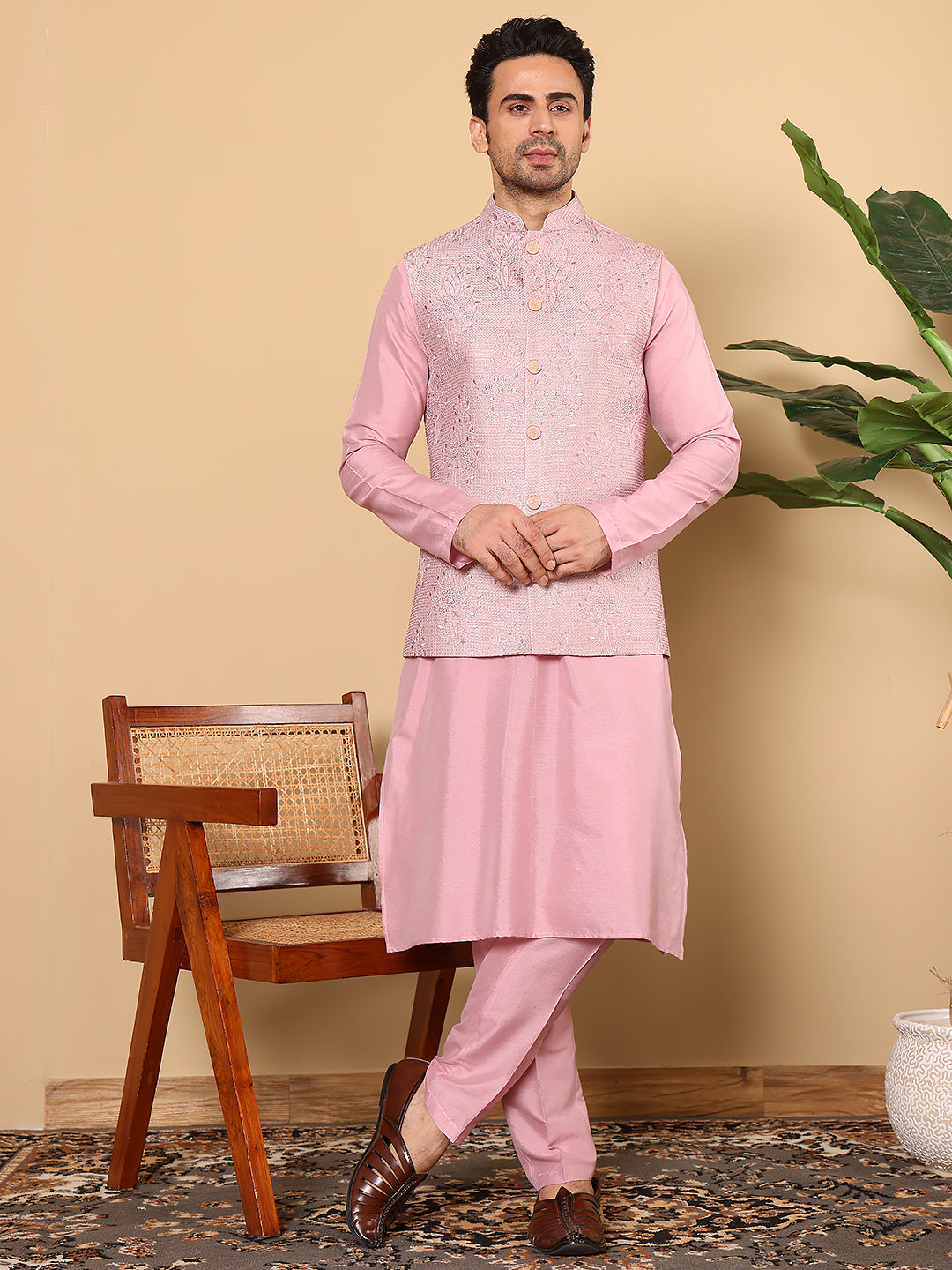 MULTI SHADES Men's Full Sleeve Pink Kurta Pyjama & Pink Embroidered Nehru Jacket | Grocsy