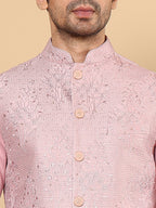 MULTI SHADES Men's Full Sleeve Pink Kurta Pyjama & Pink Embroidered Nehru Jacket | Grocsy