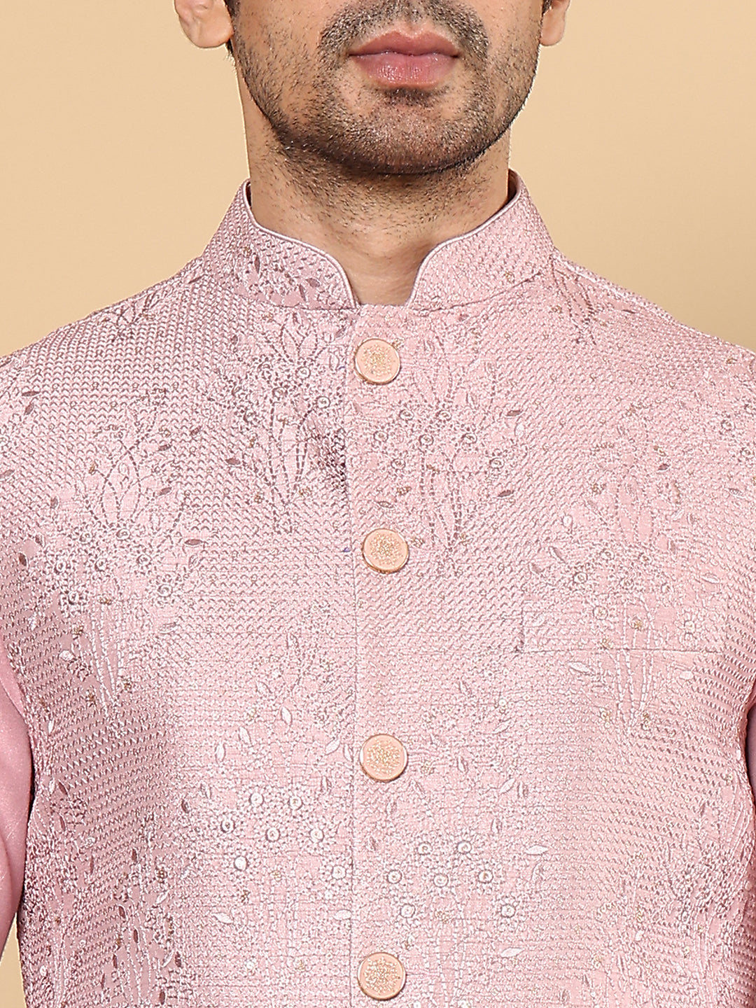 MULTI SHADES Men's Full Sleeve Pink Kurta Pyjama & Pink Embroidered Nehru Jacket | Grocsy