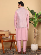 MULTI SHADES Men's Full Sleeve Pink Kurta Pyjama & Pink Embroidered Nehru Jacket | Grocsy