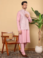 MULTI SHADES Men's Full Sleeve Pink Kurta Pyjama & Pink Embroidered Nehru Jacket | Grocsy
