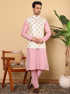 MULTI SHADES Men's Full Sleeve Pink Kurta Pyjama & White Embroidered Nehru Jacket | Grocsy