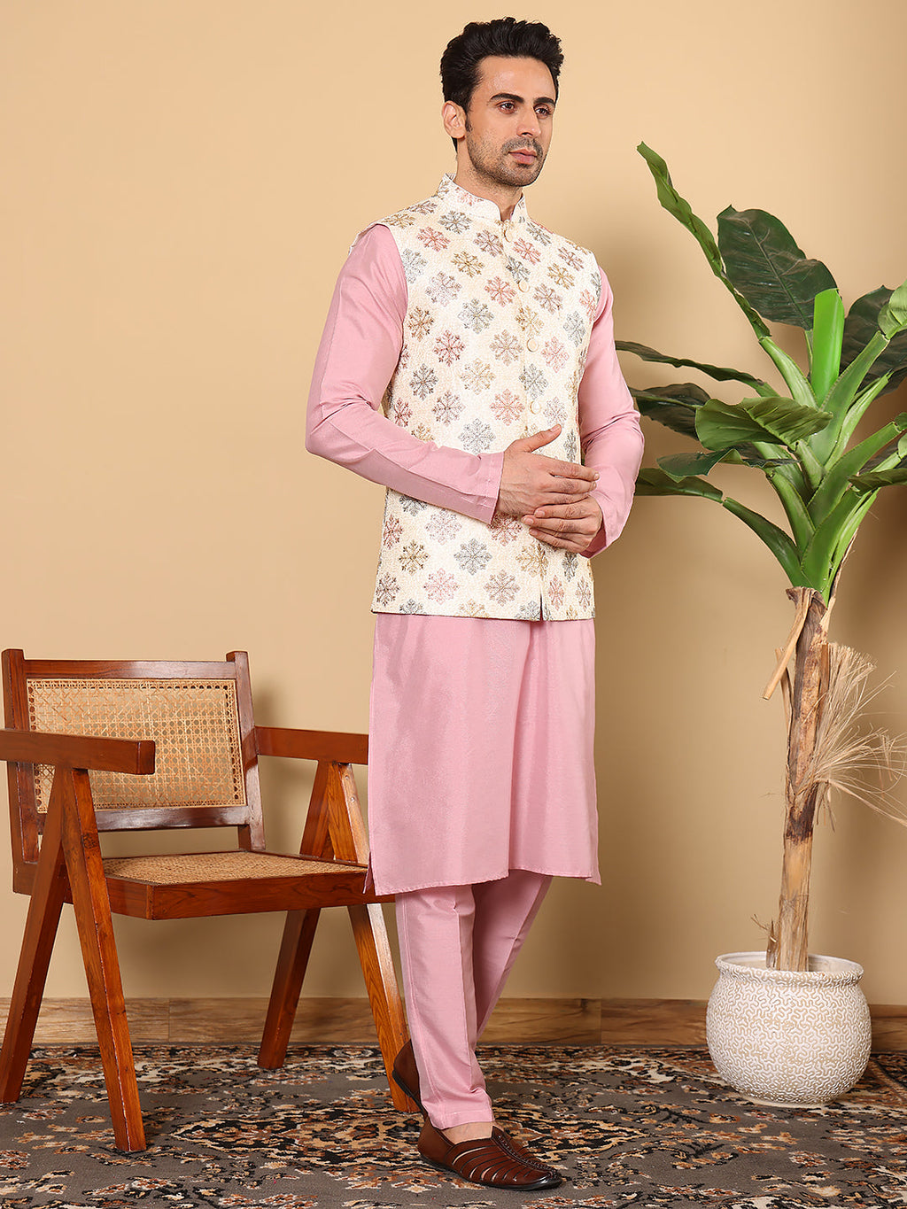 MULTI SHADES Men's Full Sleeve Pink Kurta Pyjama & White Embroidered Nehru Jacket | Grocsy