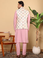 MULTI SHADES Men's Full Sleeve Pink Kurta Pyjama & White Embroidered Nehru Jacket | Grocsy
