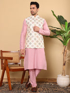 MULTI SHADES Men's Full Sleeve Pink Kurta Pyjama & White Embroidered Nehru Jacket | Grocsy