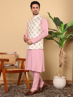 MULTI SHADES Men's Full Sleeve Pink Kurta Pyjama & White Embroidered Nehru Jacket | Grocsy