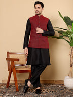 MULTI SHADES Men's Full Sleeve Black Kurta Pyjama & Red Embroidered Nehru Jacket | Grocsy