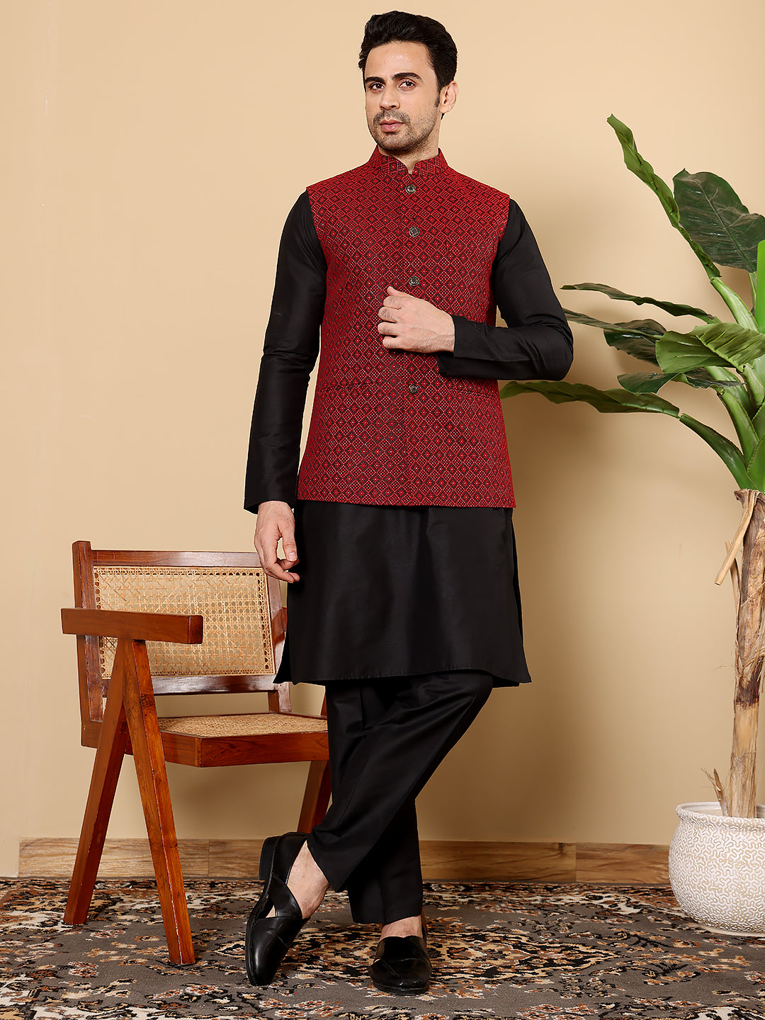 MULTI SHADES Men's Full Sleeve Black Kurta Pyjama & Red Embroidered Nehru Jacket | Grocsy