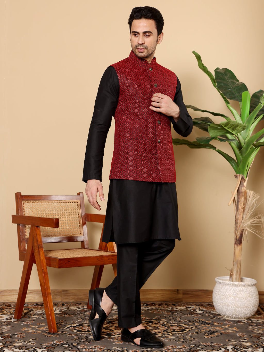 MULTI SHADES Men's Full Sleeve Black Kurta Pyjama & Red Embroidered Nehru Jacket | Grocsy