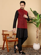 MULTI SHADES Men's Full Sleeve Black Kurta Pyjama & Red Embroidered Nehru Jacket | Grocsy